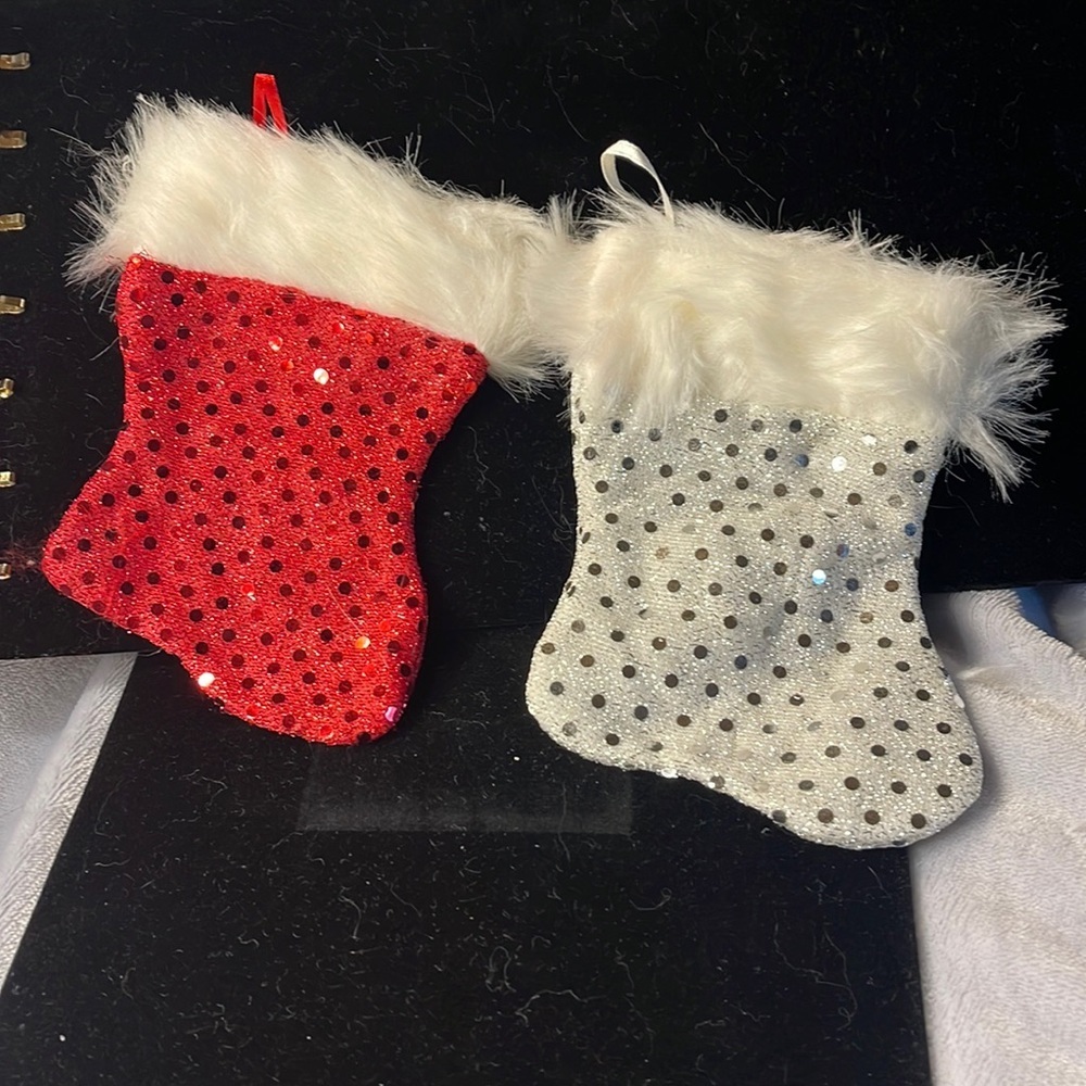 Mini Stockings - Sparkle Red & Silver w/Faux Fur at the top & ribbon for hanging